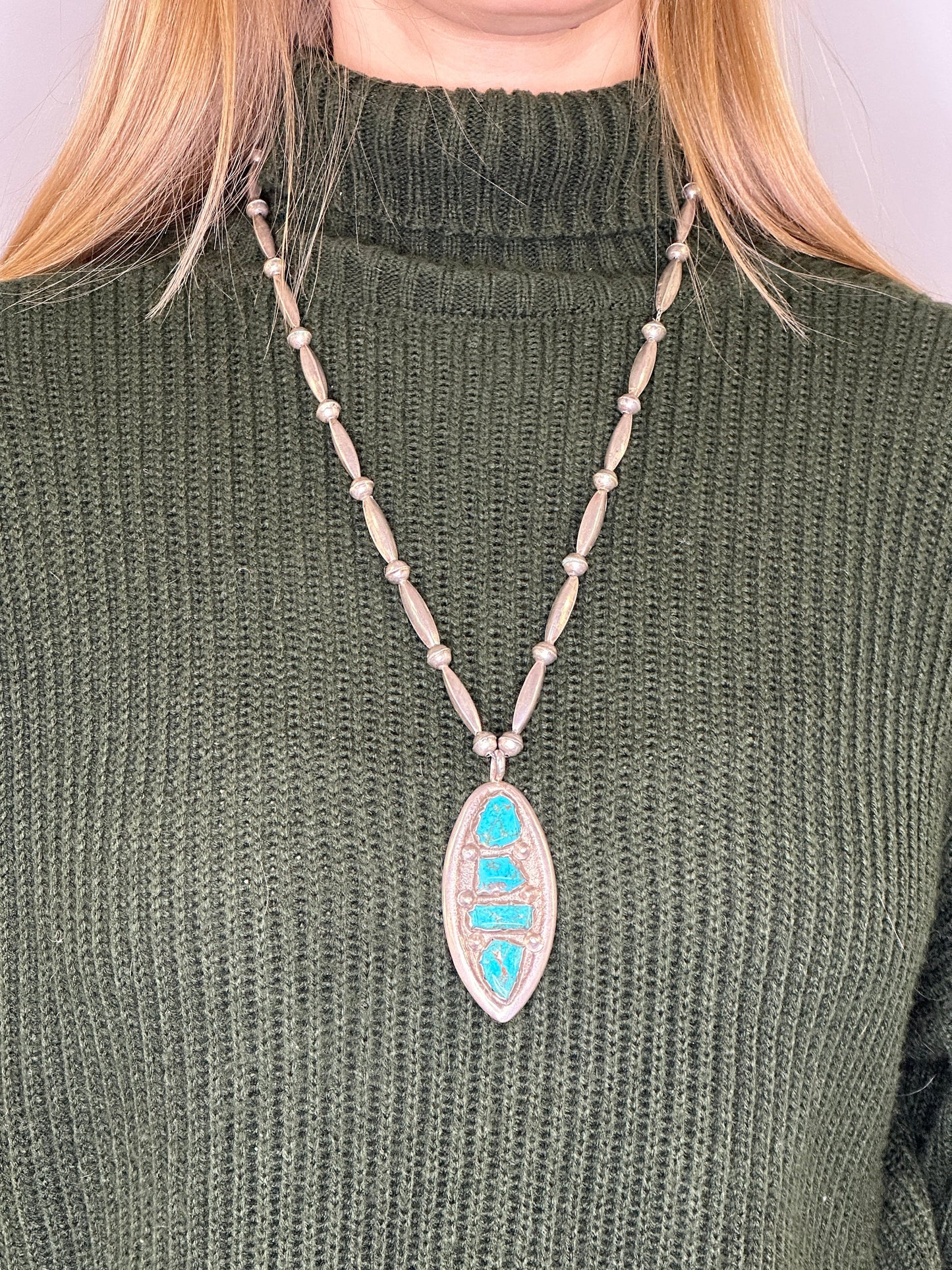 Vintage Native American Sterling Silver Turquoise Beaded Necklace