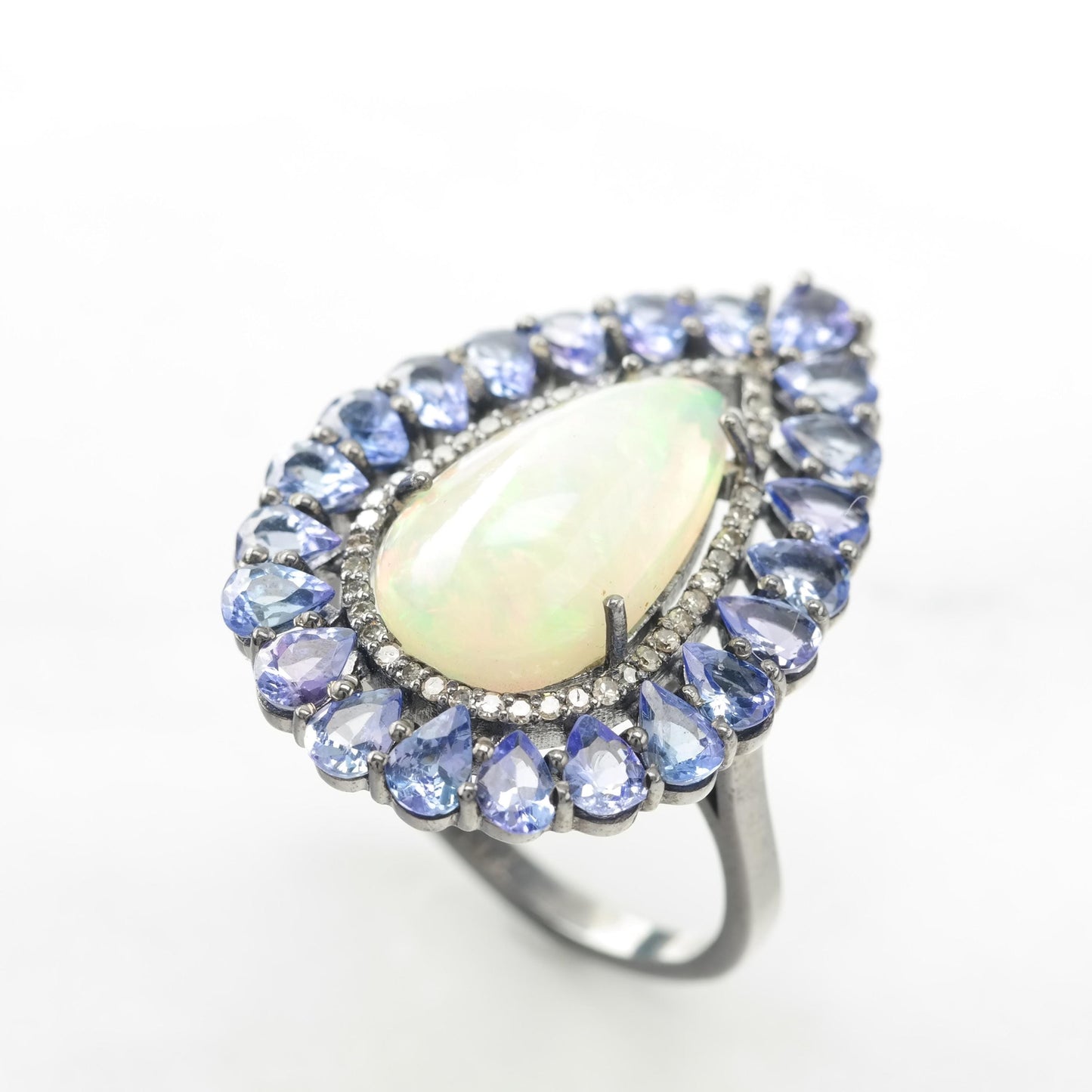 Oxidized Opal Tanzanite Diamond Silver Ring, Sterling