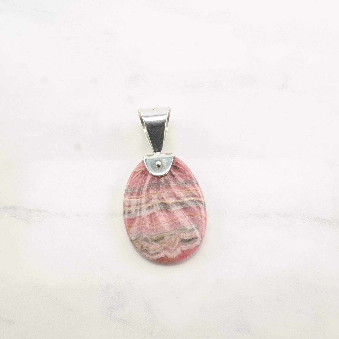 Vintage DTR Rhodochrosite Oval Shell Carved Sterling Silver Pendant