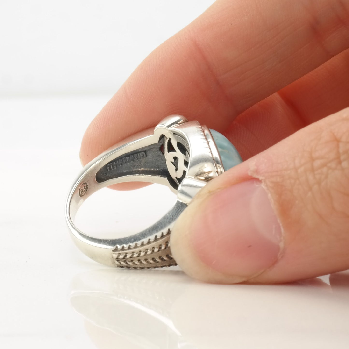 Vintage Designer Ring Larimar, Peridot Sterling Silver Size 6 3/4