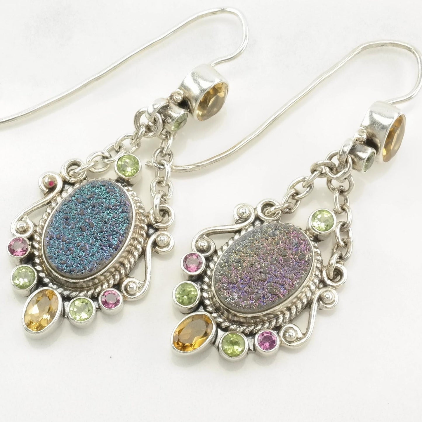 Nicky Butler Sterling Silver Druzy, Citrine, Multi Gem Earrings Fish Hook Dangle