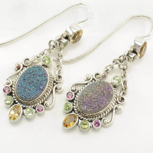 Nicky Butler Sterling Silver Druzy, Citrine, Multi Gem Earrings Fish Hook Dangle