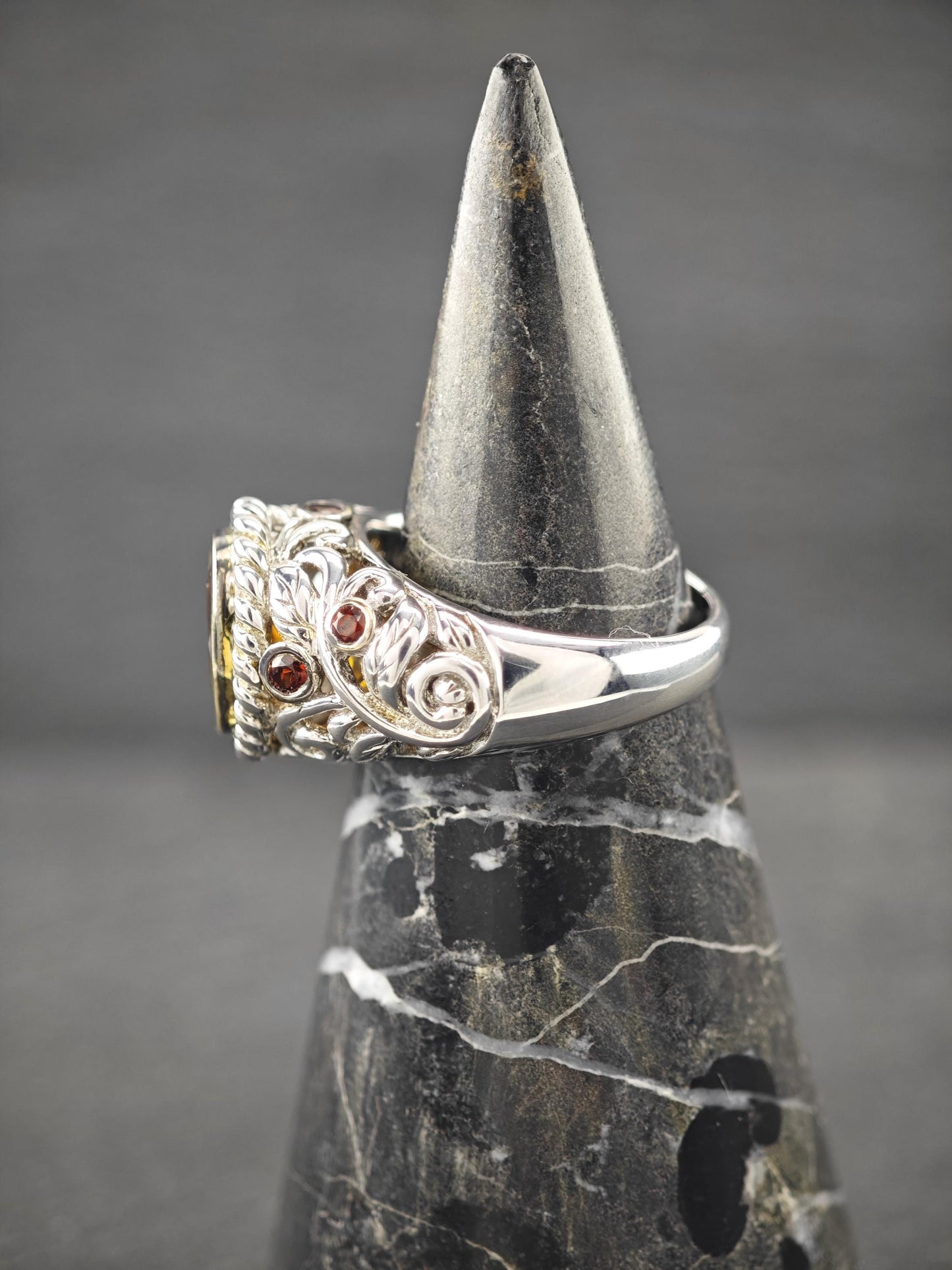 Citrine, Garnet, Gold Bezel Ring Sterling Silver