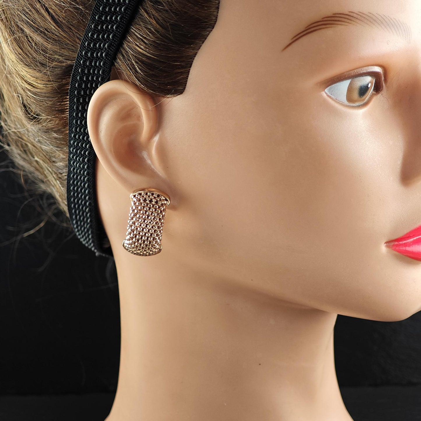 Italy Rose Gold Mesh C Hoop Sterling Silver Omega Back Earrings