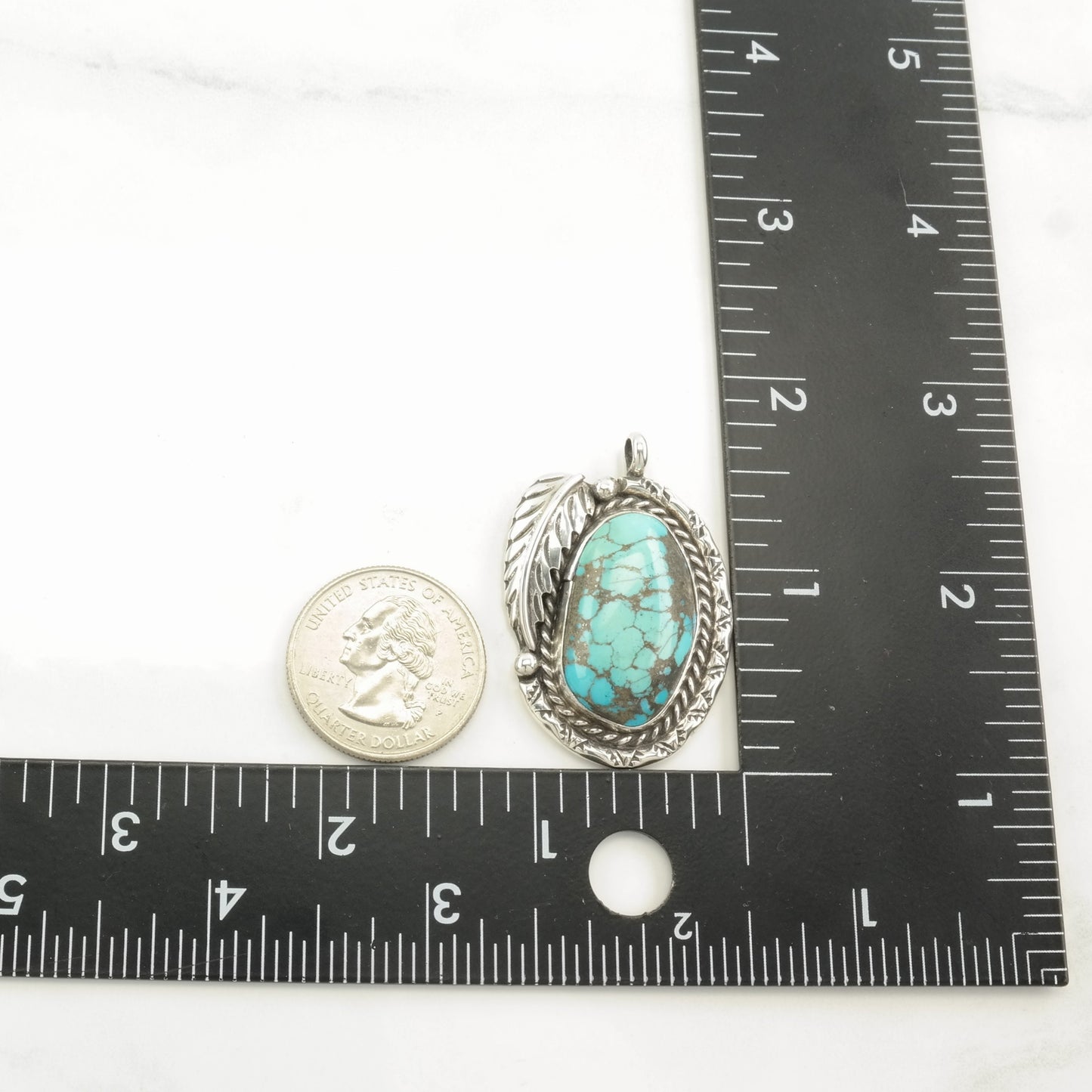 Vintage Native American Spiderweb Turquoise Feather Sterling Silver Pendant