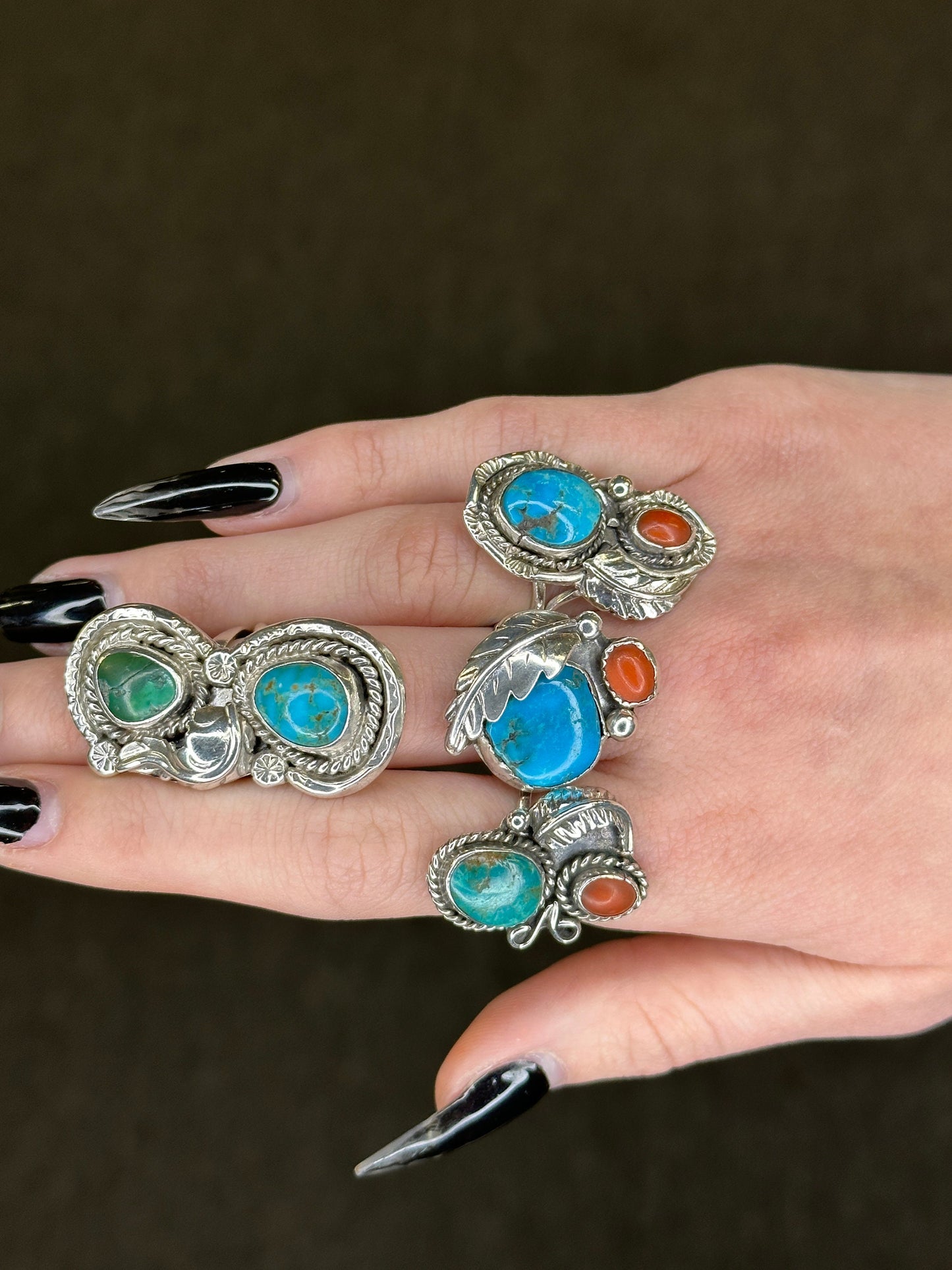 Vintage Native American Silver Ring Two Turquoise Leaf Size 6 3/4