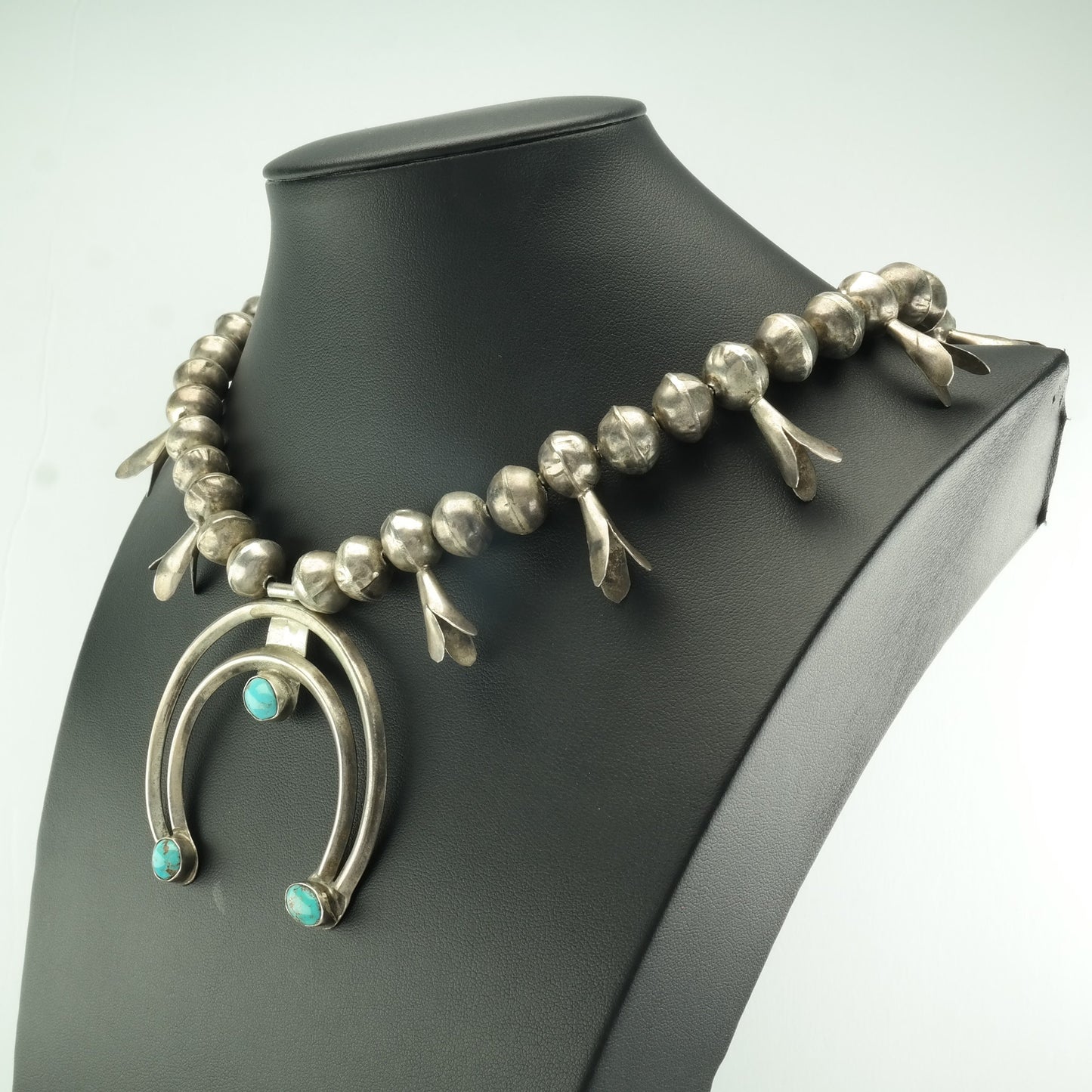 Vintage Native American Sterling Silver Turquoise Squash Blossom Necklace