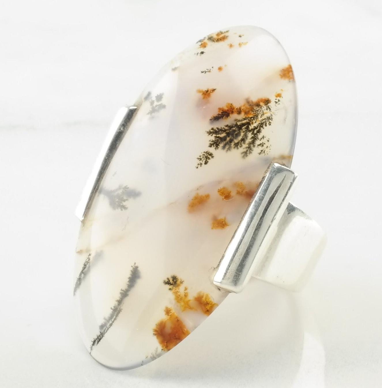 Vintage Sterling Silver Ring Dendritic Agate Size 7 3/4