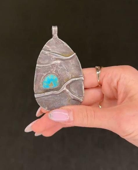 Vintage Brutalist Sterling Silver Pendant | Abstract Turquoise Pendant | Modernist Jewelry | Statement Pendant | 1980s Designer Jewelry
