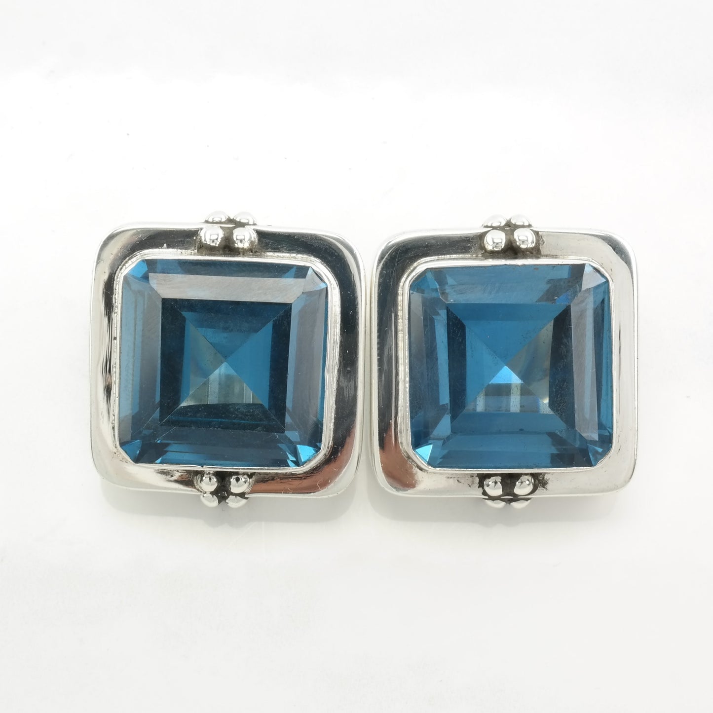Modernist Sterling Silver Blue Large, Topaz Square Earrings Clip on