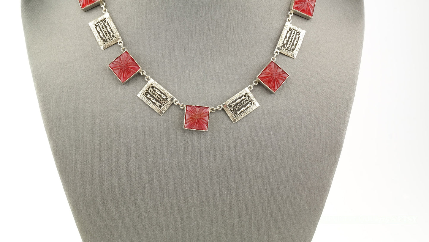 Vintage Modernist Sterling Silver Carved Glass Filigree Necklace