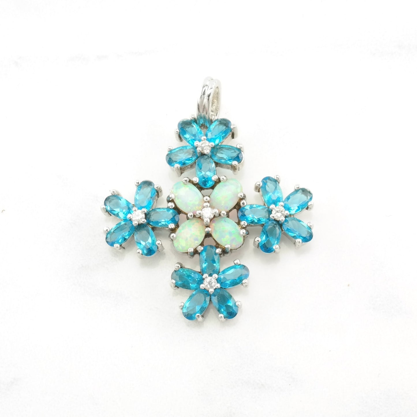 Vintage Lab Opal, Topaz, Diamond, Lab Ruby Floral, Cross Sterling Silver Pendant
