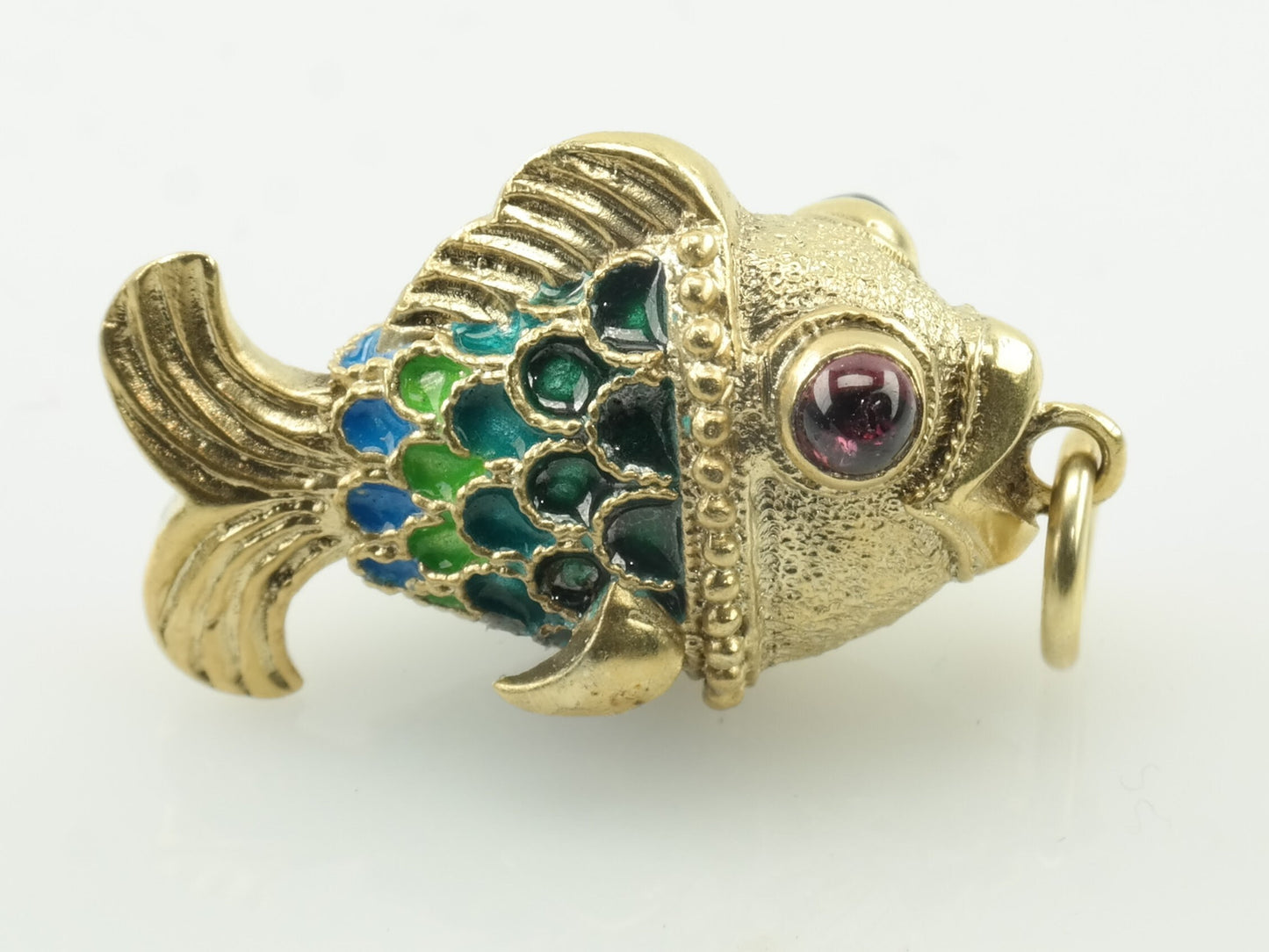 Vintage Enamel Garnet Faberge Style Fish Sterling Silver Pendant