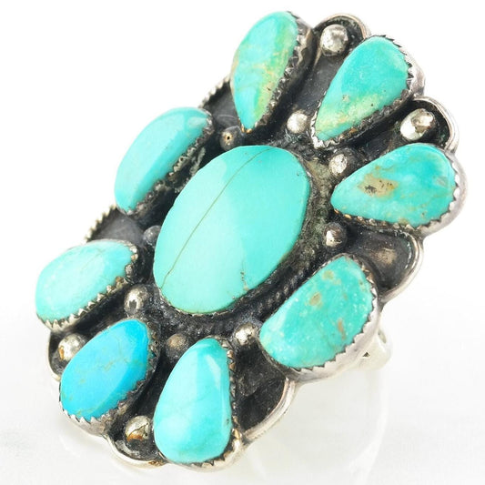 Vintage Native American Cluster Sterling Silver Ring Size 10 Blue Turquoise Shield