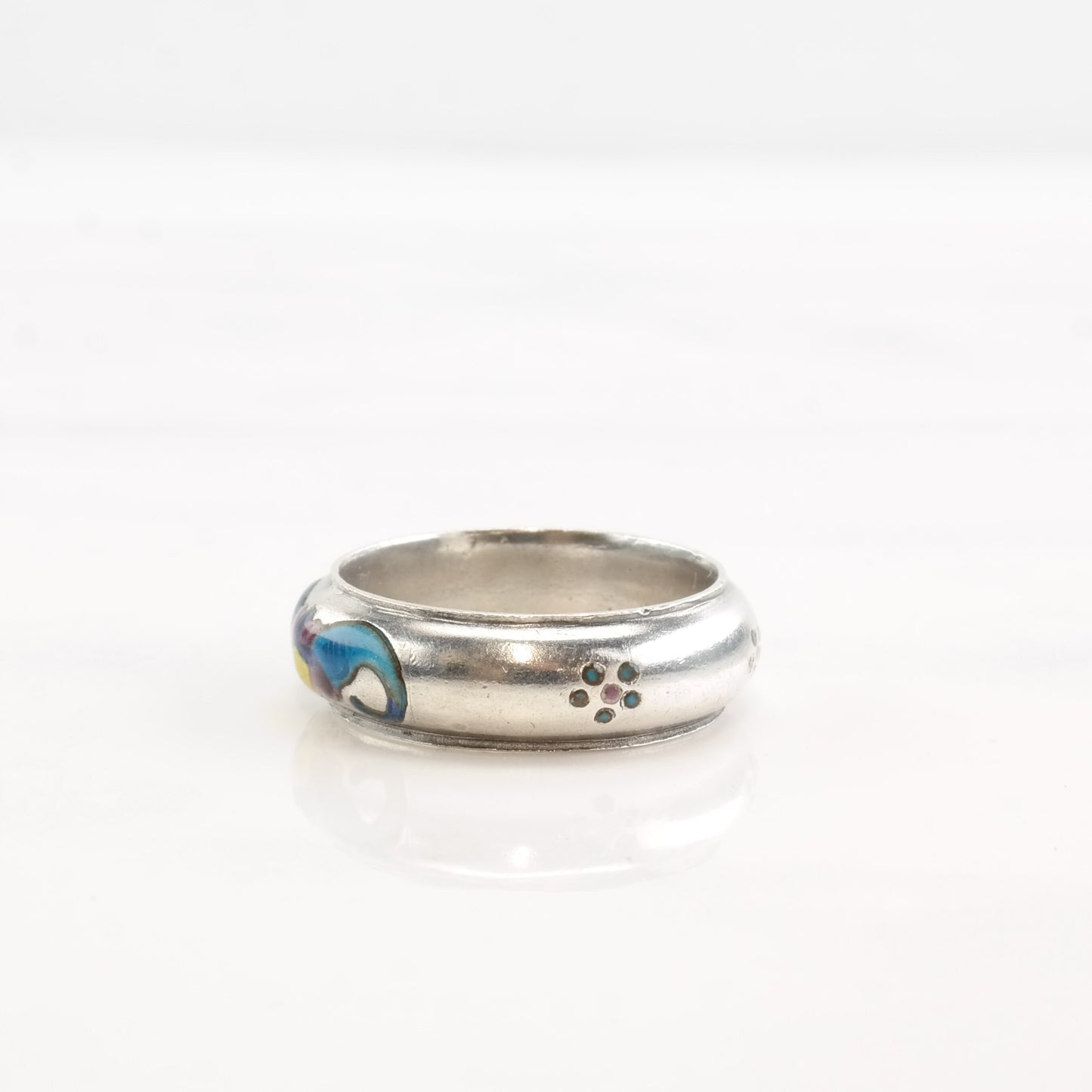 Vintage Chinese Silver Ring Enamel Flower Sterling Size 7 1/2