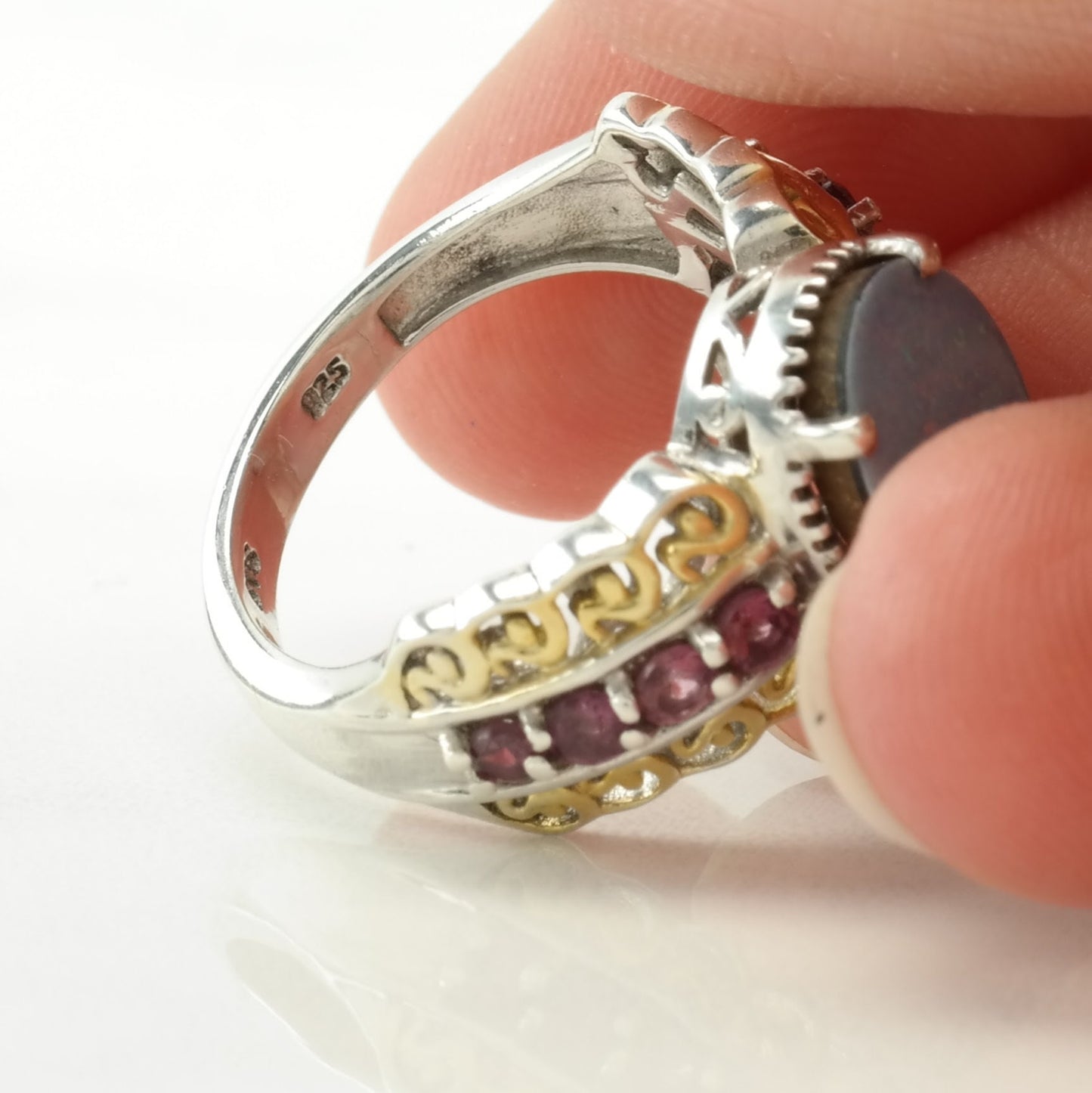 Vintage Sterling Silver Ring Opal Doublet, Pink Garnet Gold Hue Size 6