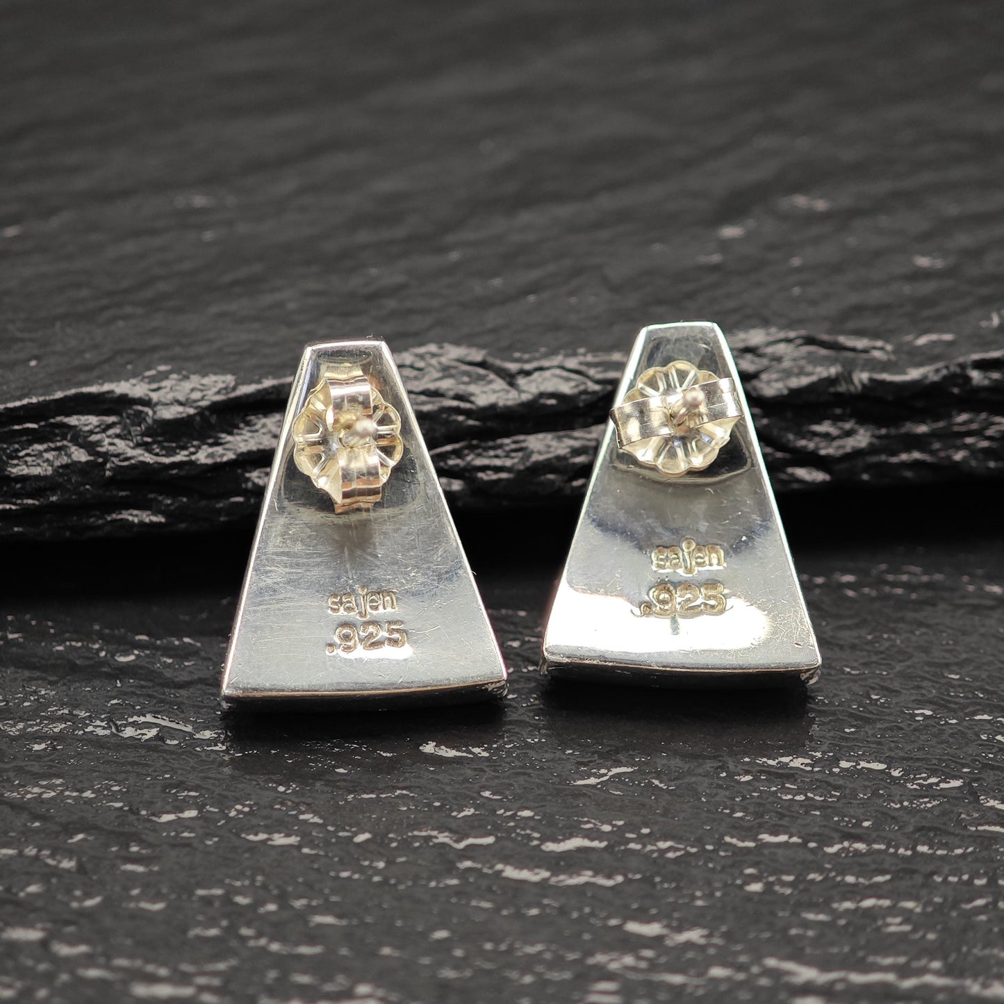 Brown, Translucent Tigers Eye, MOP Geometric, Inlay Stud Earrings Sterling Silver