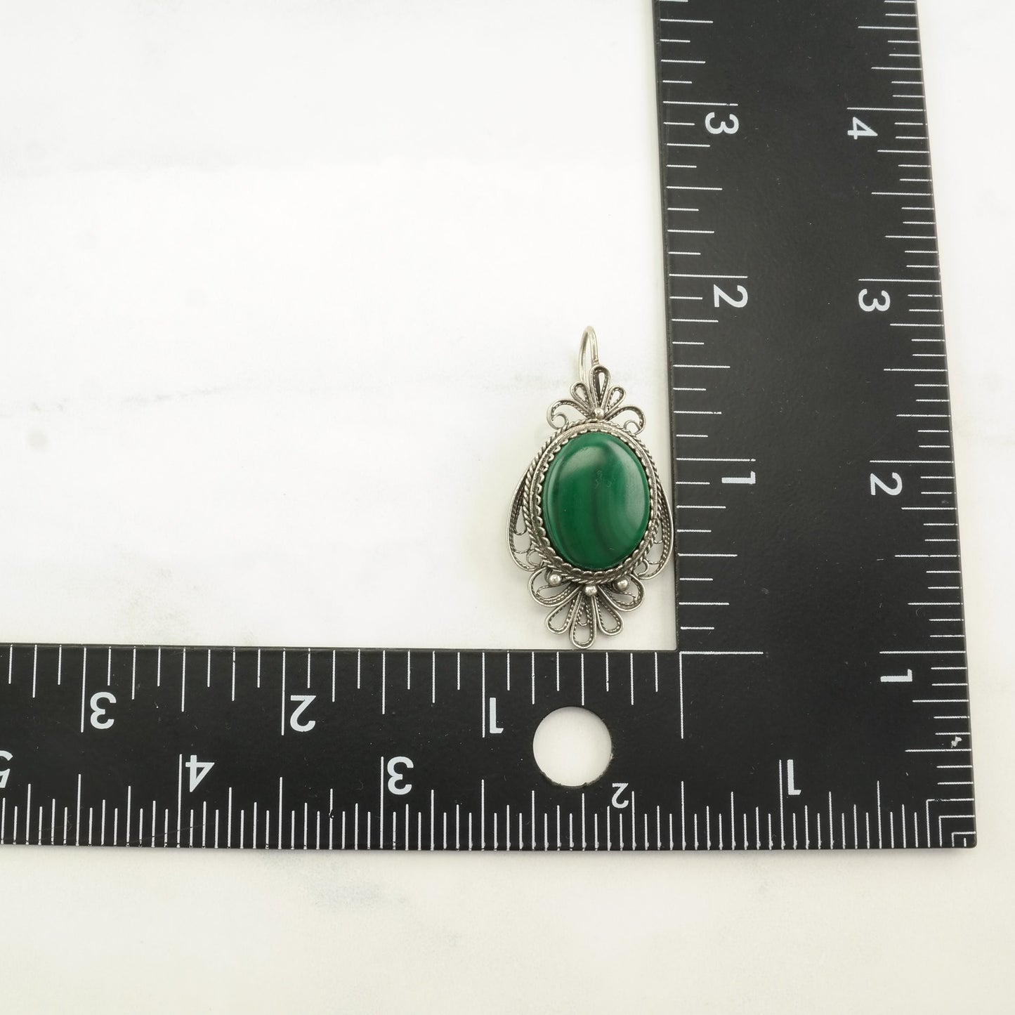 Vintage Malachite Ornate, Filigree Sterling Silver Pendant