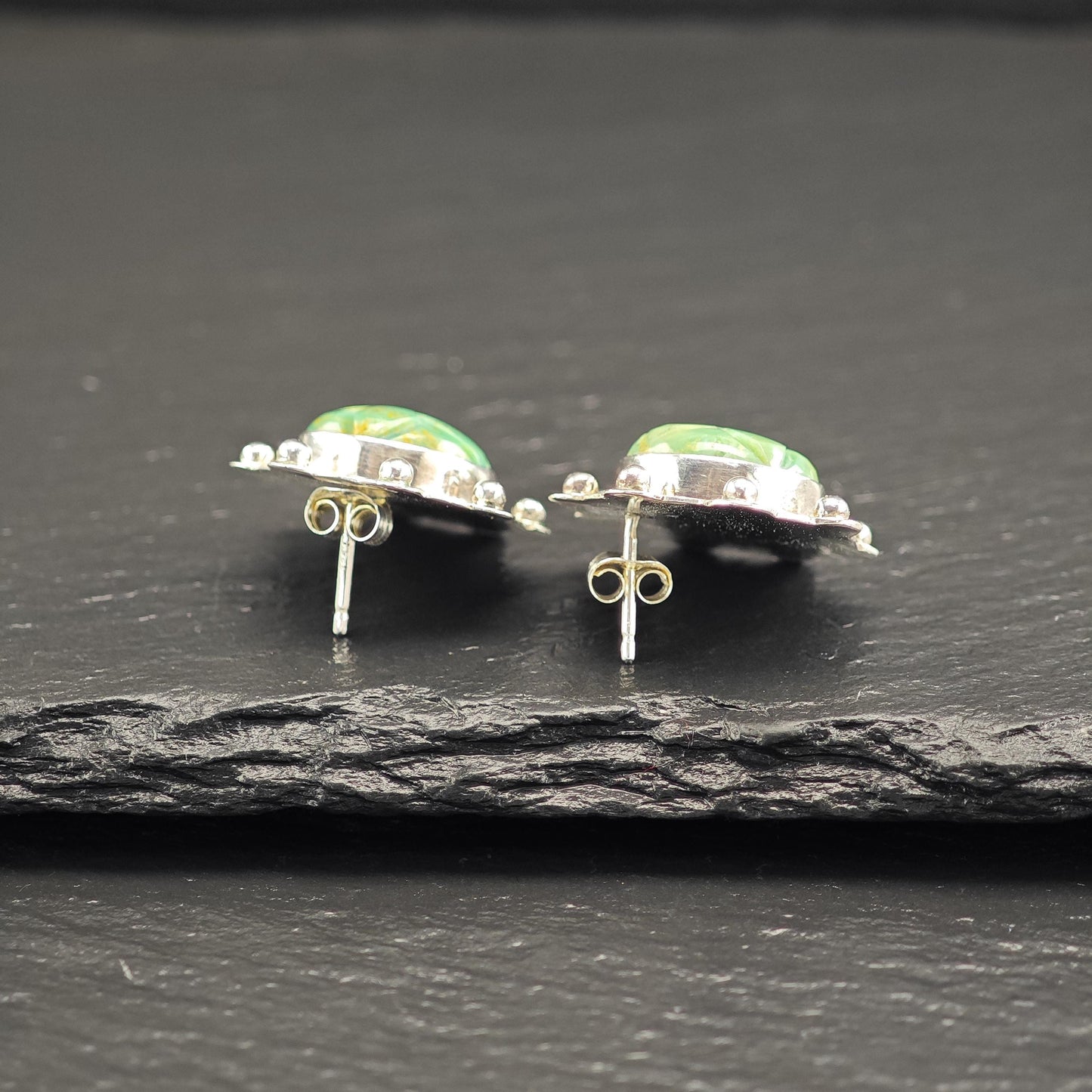 Green Gemstone Carved Floral Stud Earrings Sterling Silver