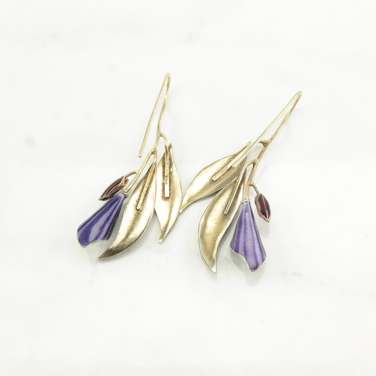 Vintage Sterling Silver Fish hook Earrings Purple Enamel, Pearl Floral