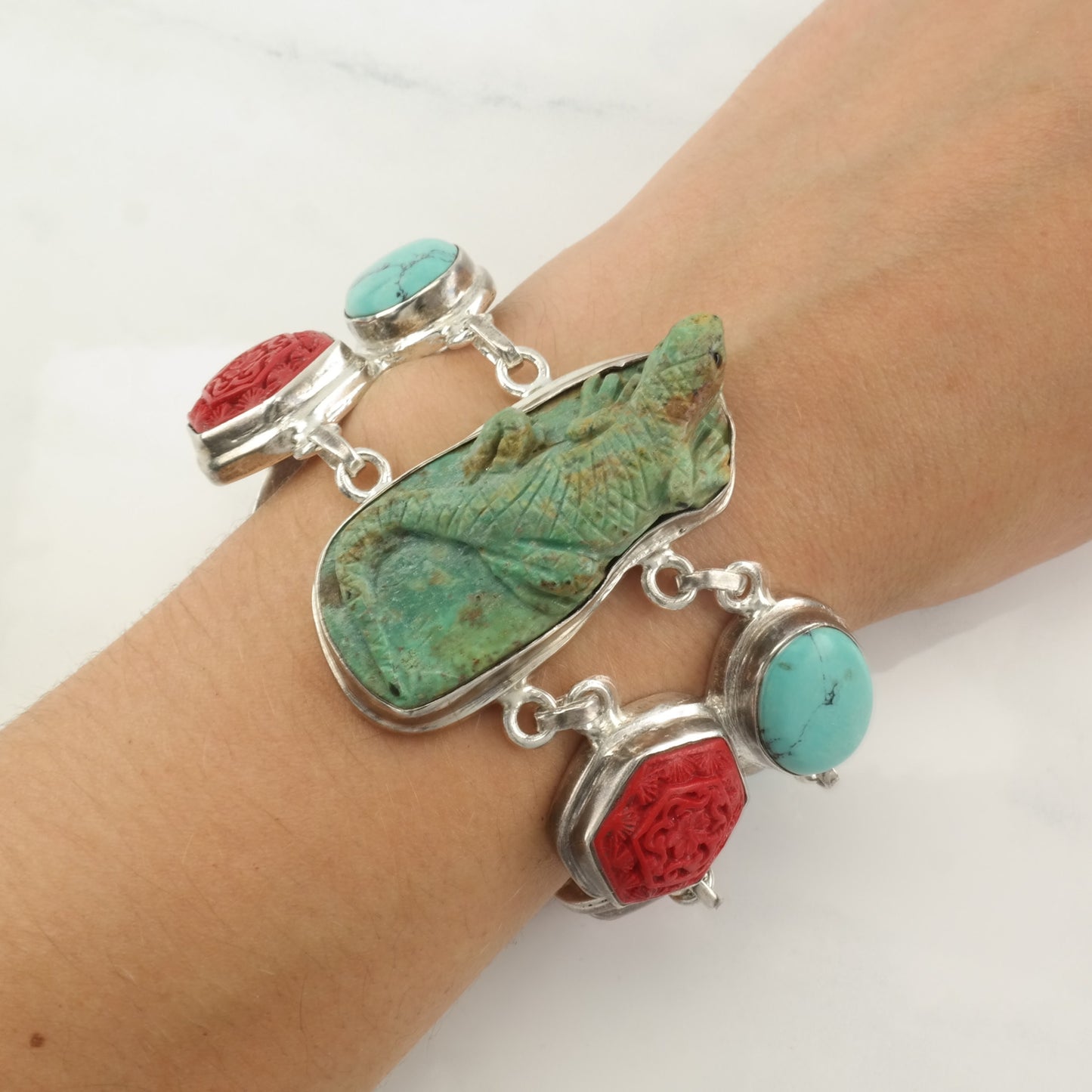Carved Turquoise Bracelet Sterling Silver Lizard