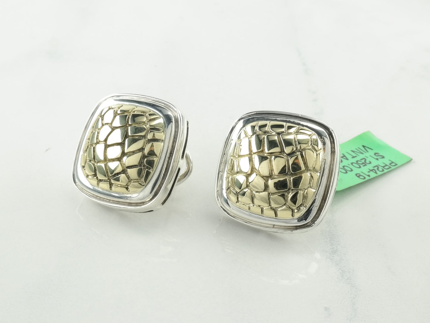 Krypell 14K Gold Sterling Silver Earrings Omega Back Posts Cushion Snakeskin