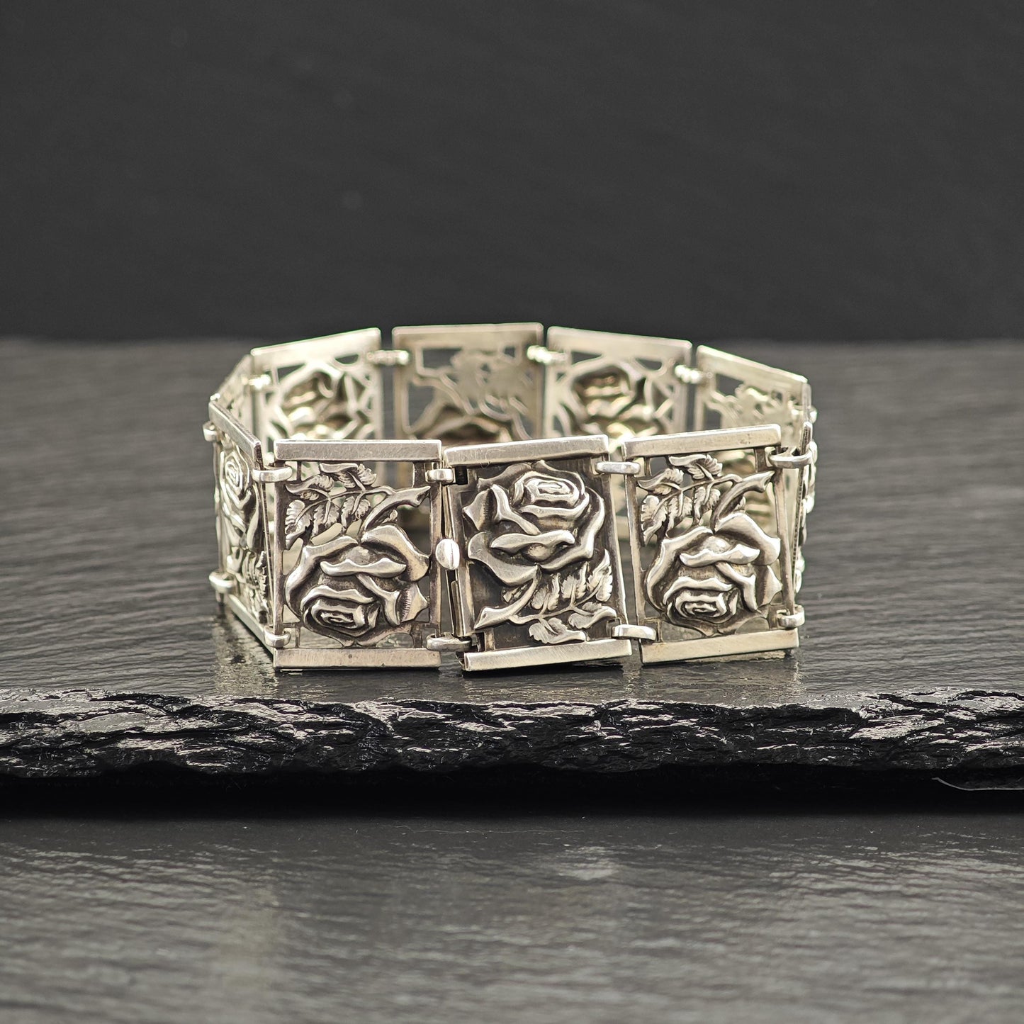 Art Nouveau Sterling Silver Rose Link Bracelet Vintage Elegance