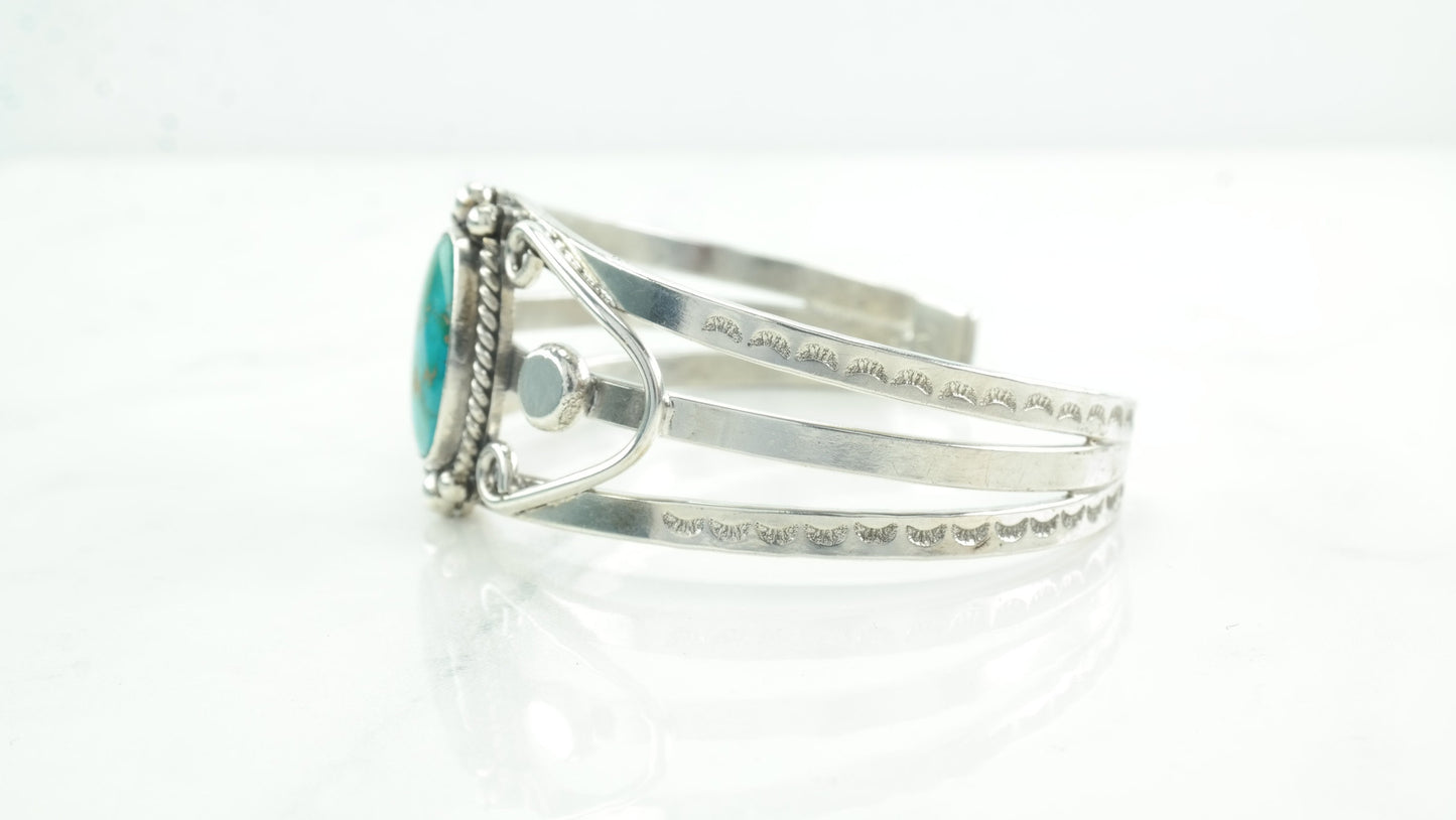 Fred Harvey Era Cuff Bracelet Native American Blue Gem Turquoise Sterling Silver