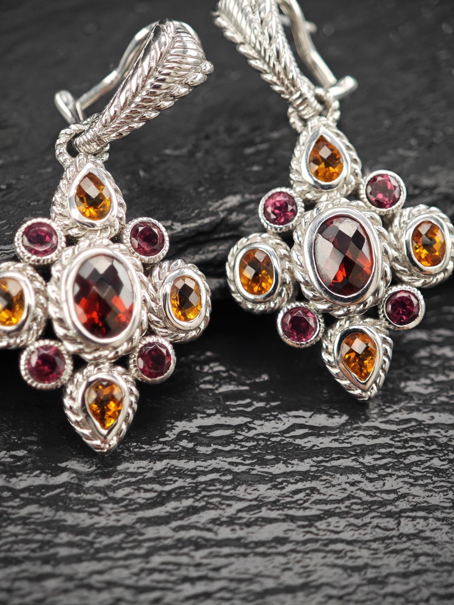Judith Ripka Garnet Citrine Floral Sterling Silver Omega Back Earrings