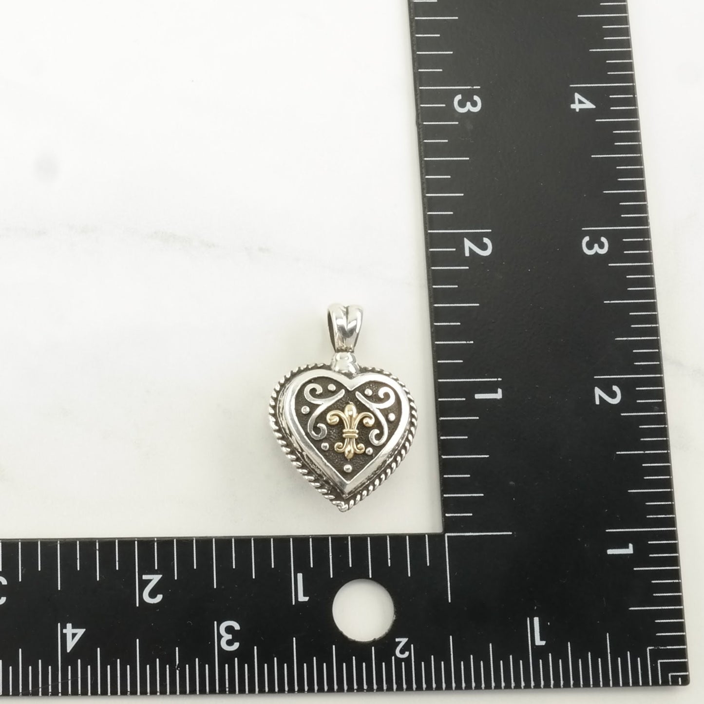 Vintage Fleur De Lis, Heart 14K Gold Accents Sterling Silver Pendant