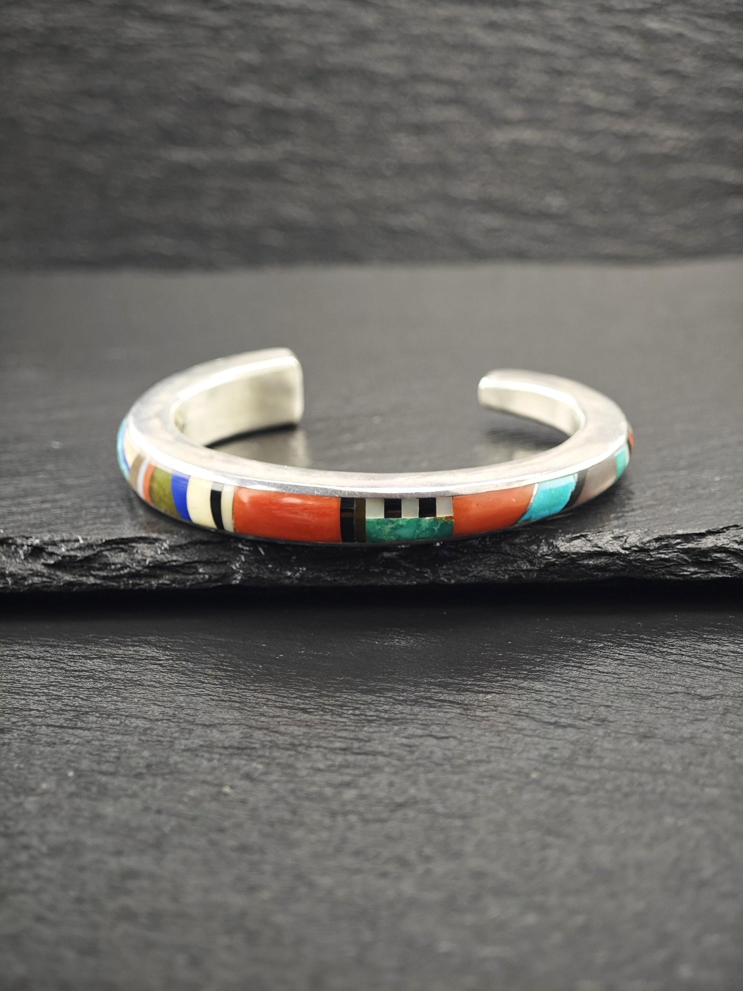 Signed Native American Inlay, Cuff Bracelet Sterling Silver