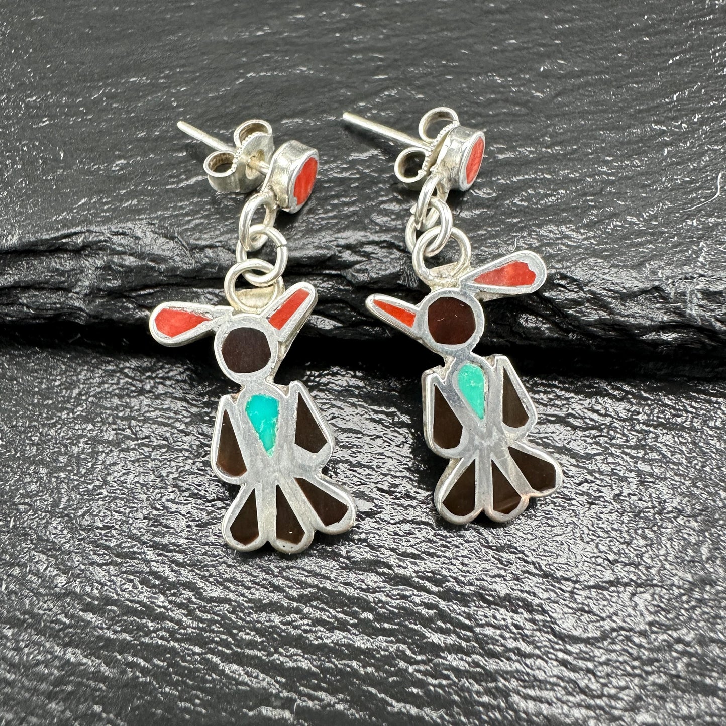 Zuni, Native American Inlay, Turquoise, Coral, Jet Thunderbird Stud/Dangle Earrings Sterling Silver