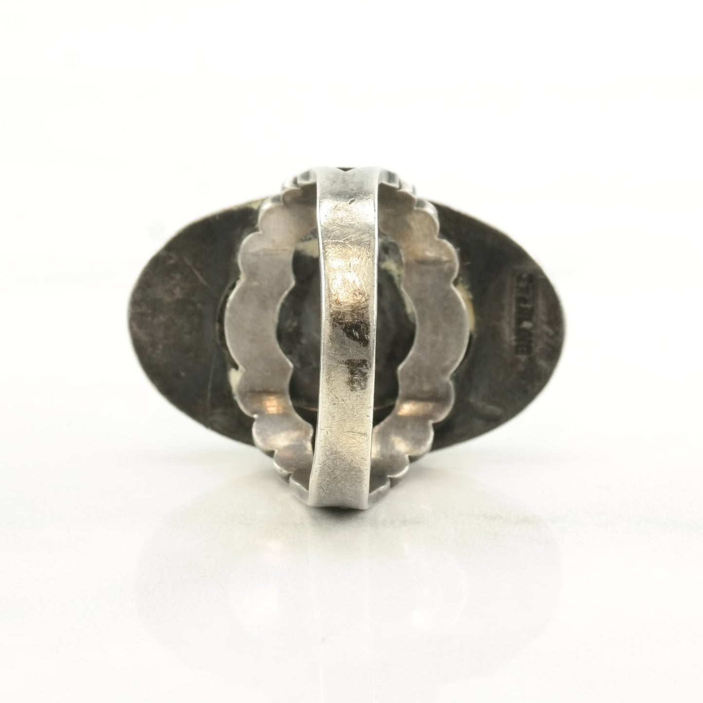 OOAK Native American Silver Ring Spiderweb Turquoise Stamped Sterling Size 7 1/2