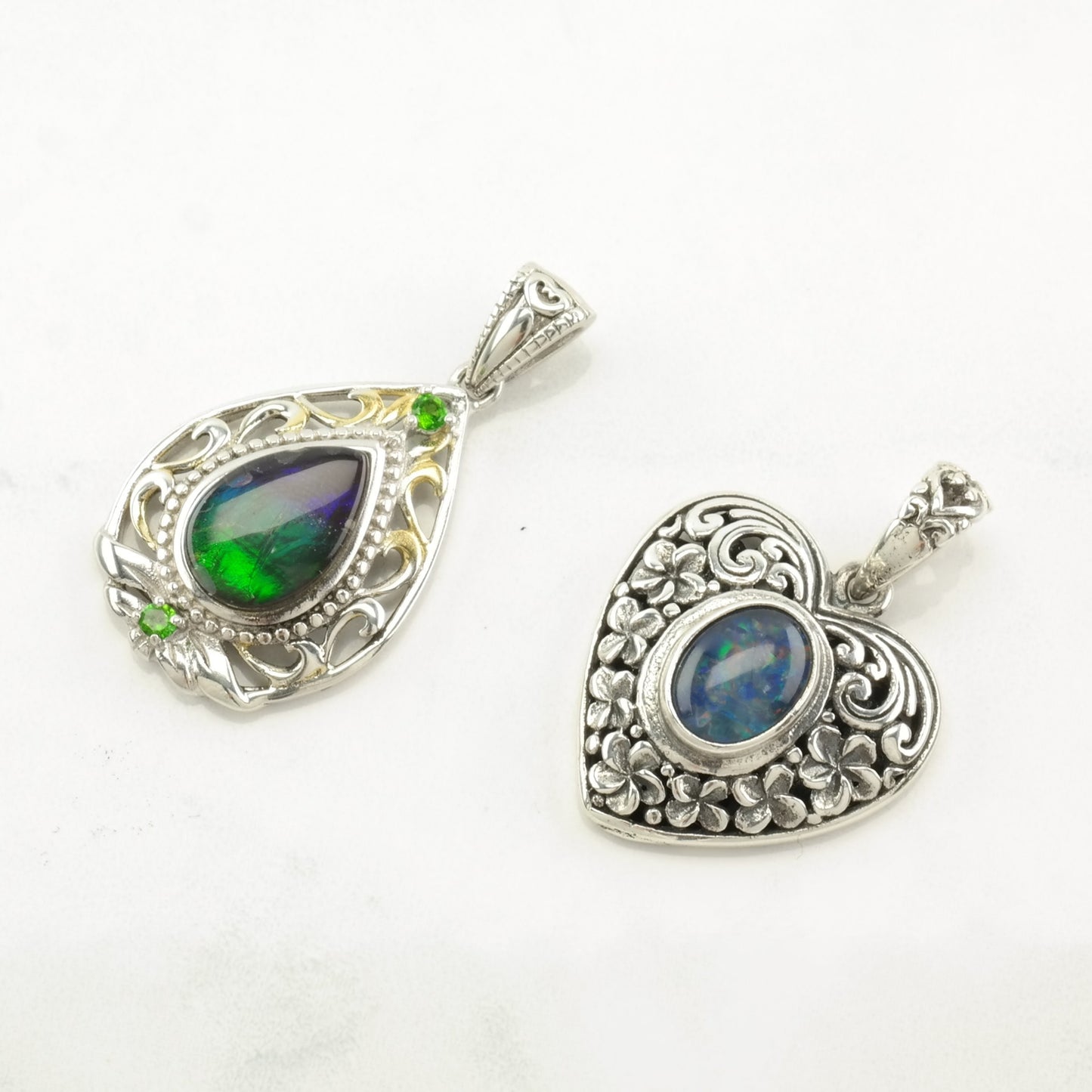 Vintage Gemstone, Diopside, Opal Teardrop, Heart Sterling Silver Pendant