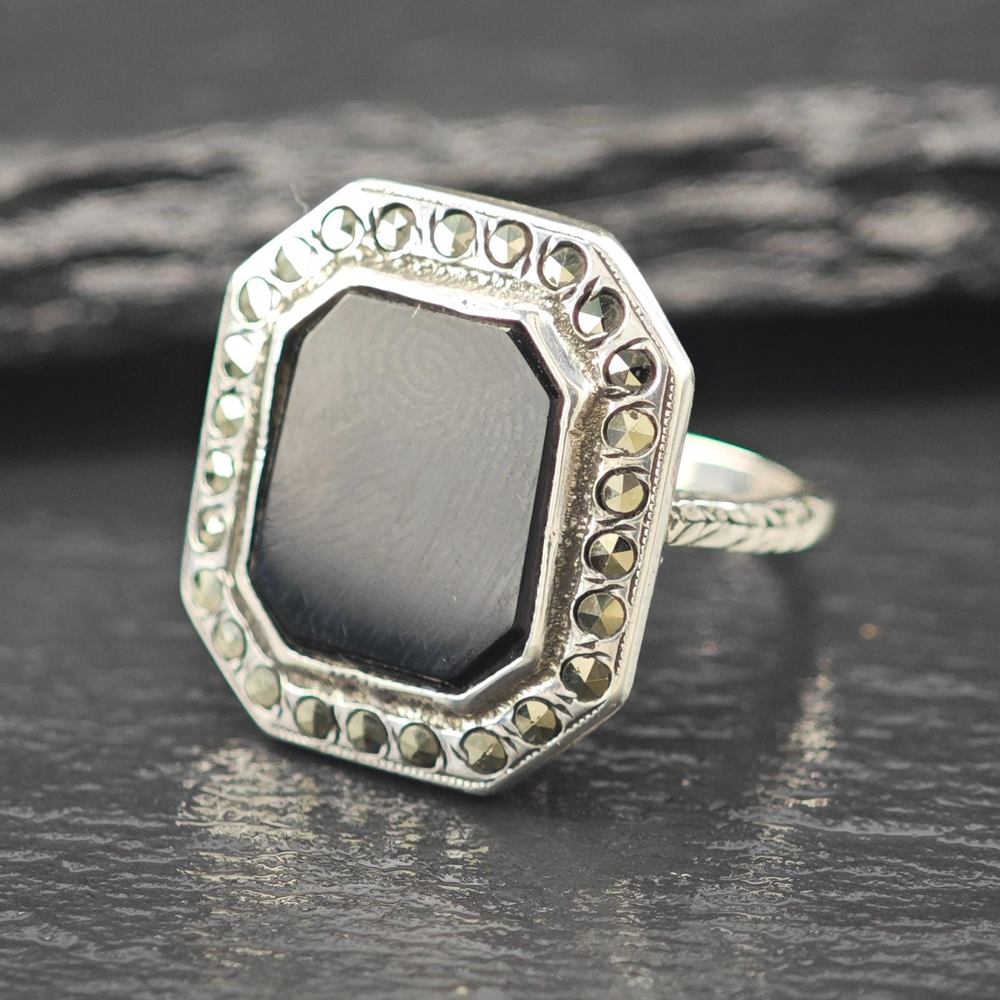 Art Deco Style, Squared Onyx Marcasite Ring Sterling Silver