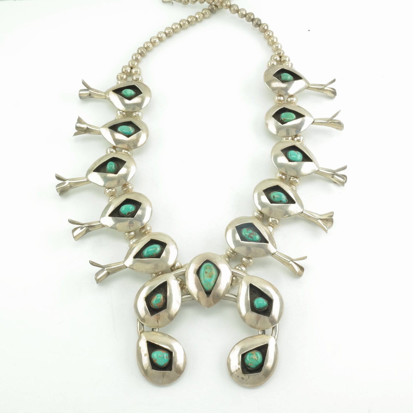 Vintage Native American Sterling Silver Royston Turquoise Shadowbox Squash Blossom Necklace