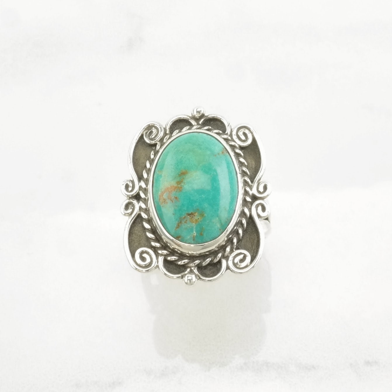 Vintage Southwest Silver Ring Turquoise Scroll Detail Sterling Blue Size 8 1/4