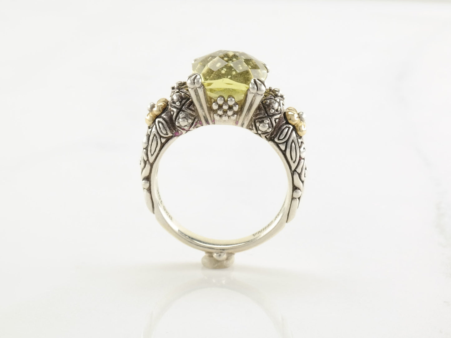 Vintage Bixby Lemon Quartz Cushion Cut Sterling Silver Ring Floral Size 9