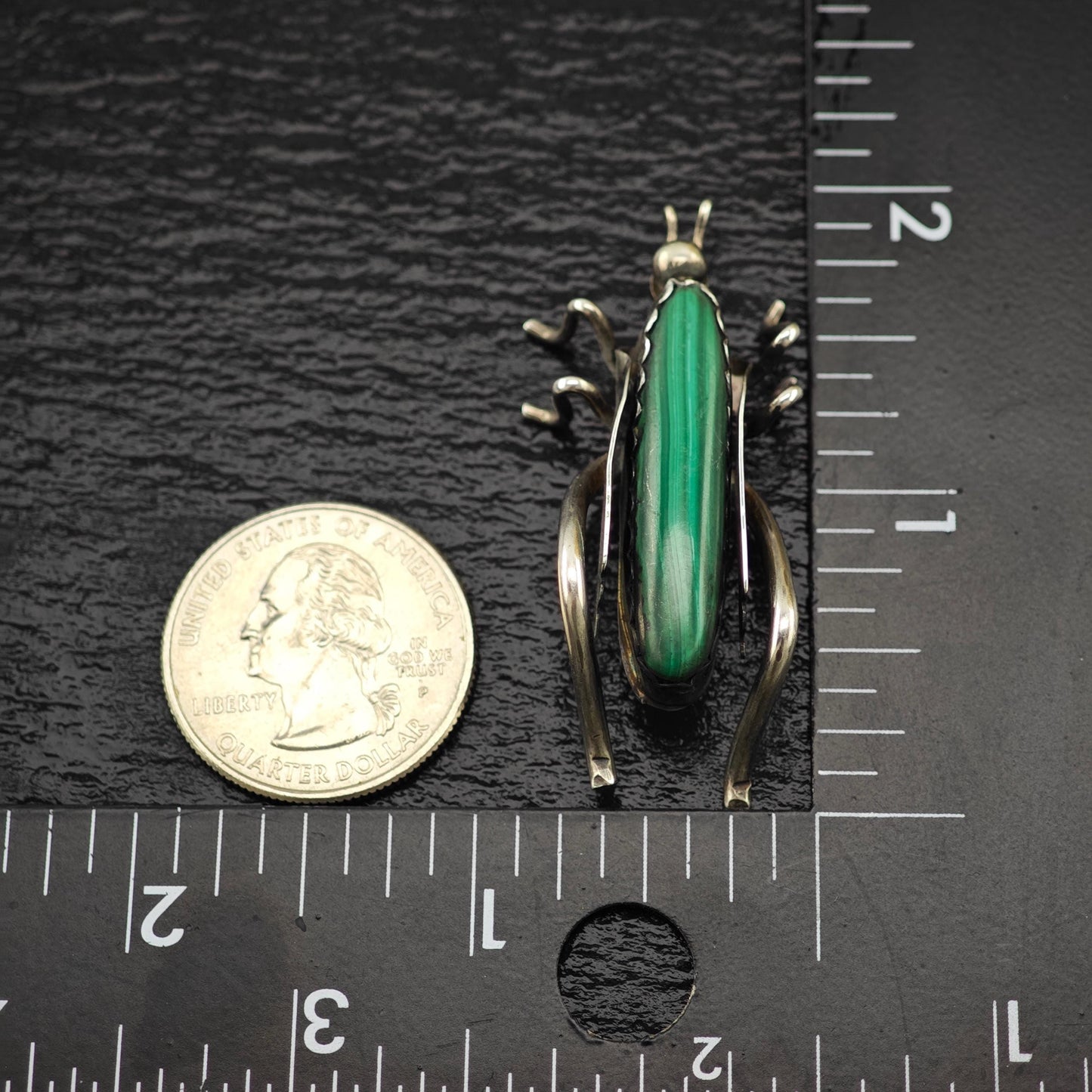Native American Sterling Silver Brooch Grasshopper Green Malachite