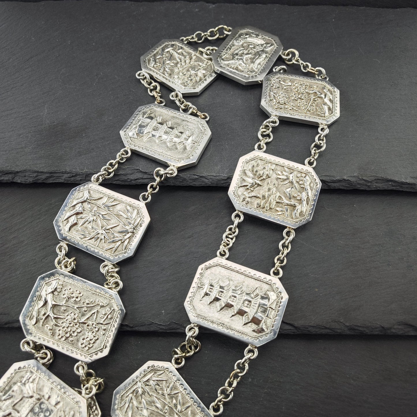 Antique Chinese Export Repousse Sterling Silver Belt Marked Hung Chong