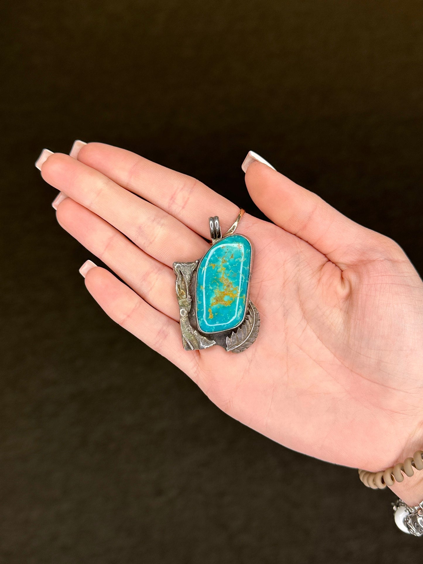 Vintage Southwest Turquoise Leaf Sterling Silver Pendant