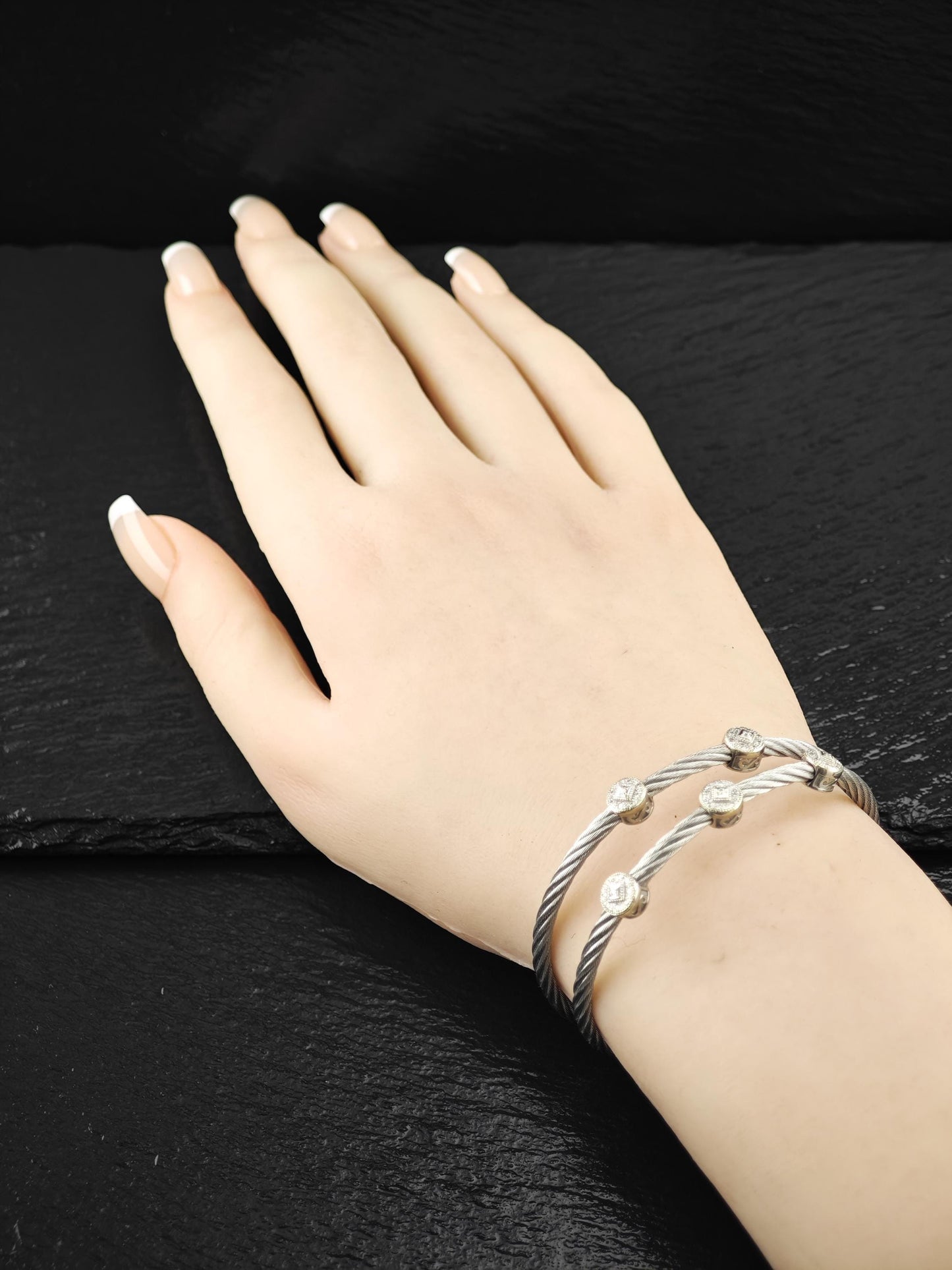 Set of two Charriol 18k Gold, Diamond Station Bangle Bracelet on Steel