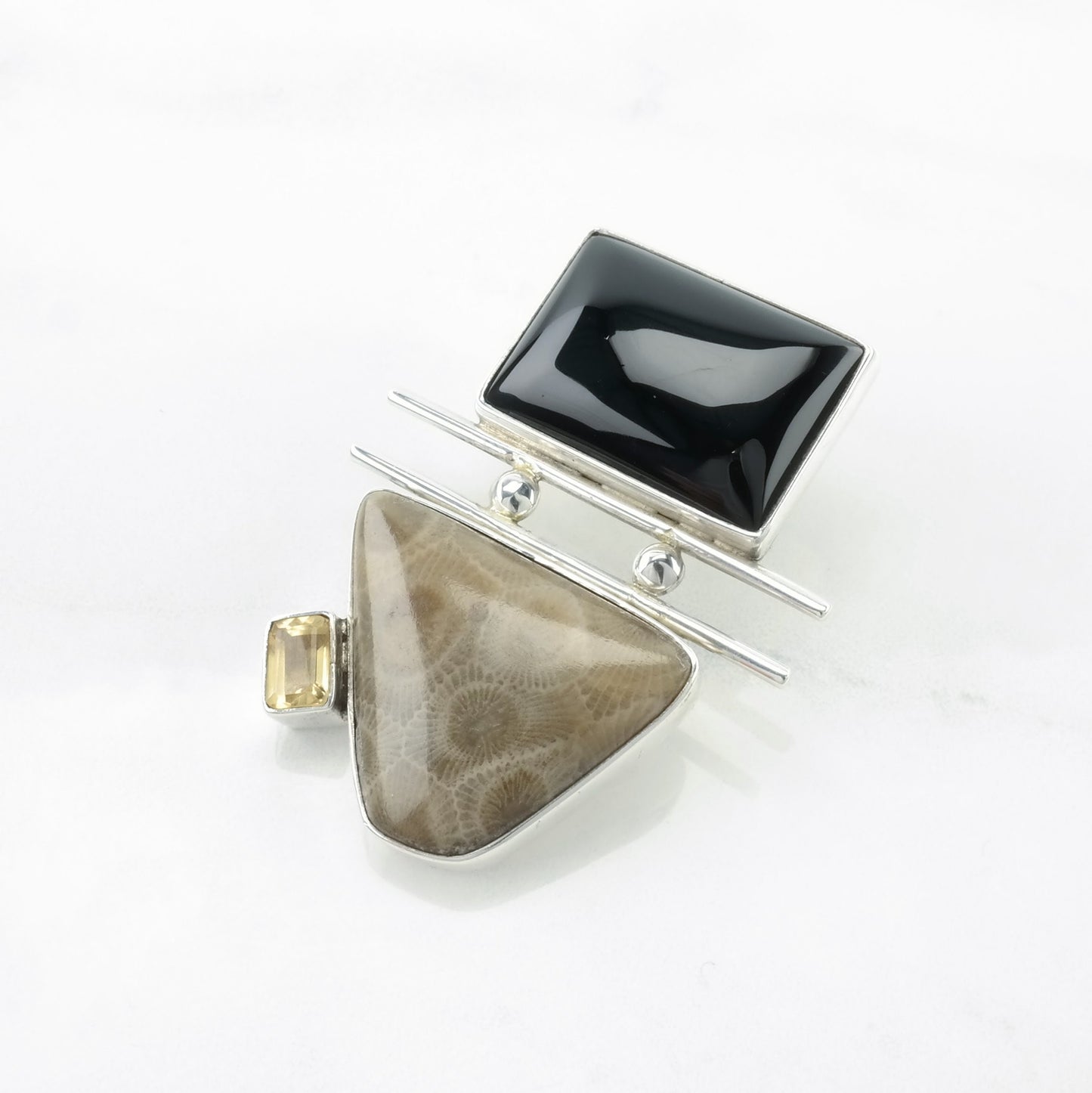 Vintage Native American Onyx, Citrine, Petoskey Sterling Silver Pendant