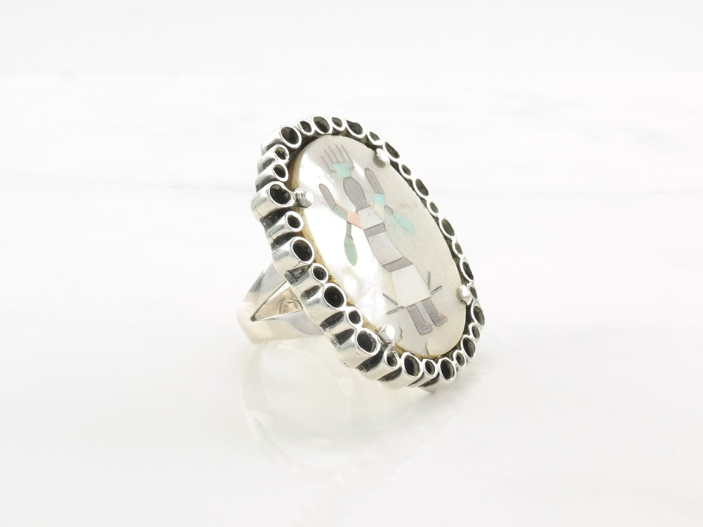 Vintage Sterling Silver Ring MOP Inlay Kachina, Dancer Size 7 3/4