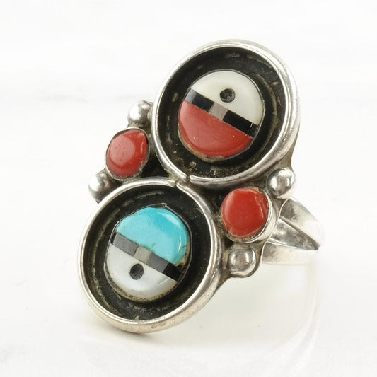 Vintage Native American Silver Ring Coral Turquoise MOP Onyx Two Sun Inlay Sterling Size 6 1/2
