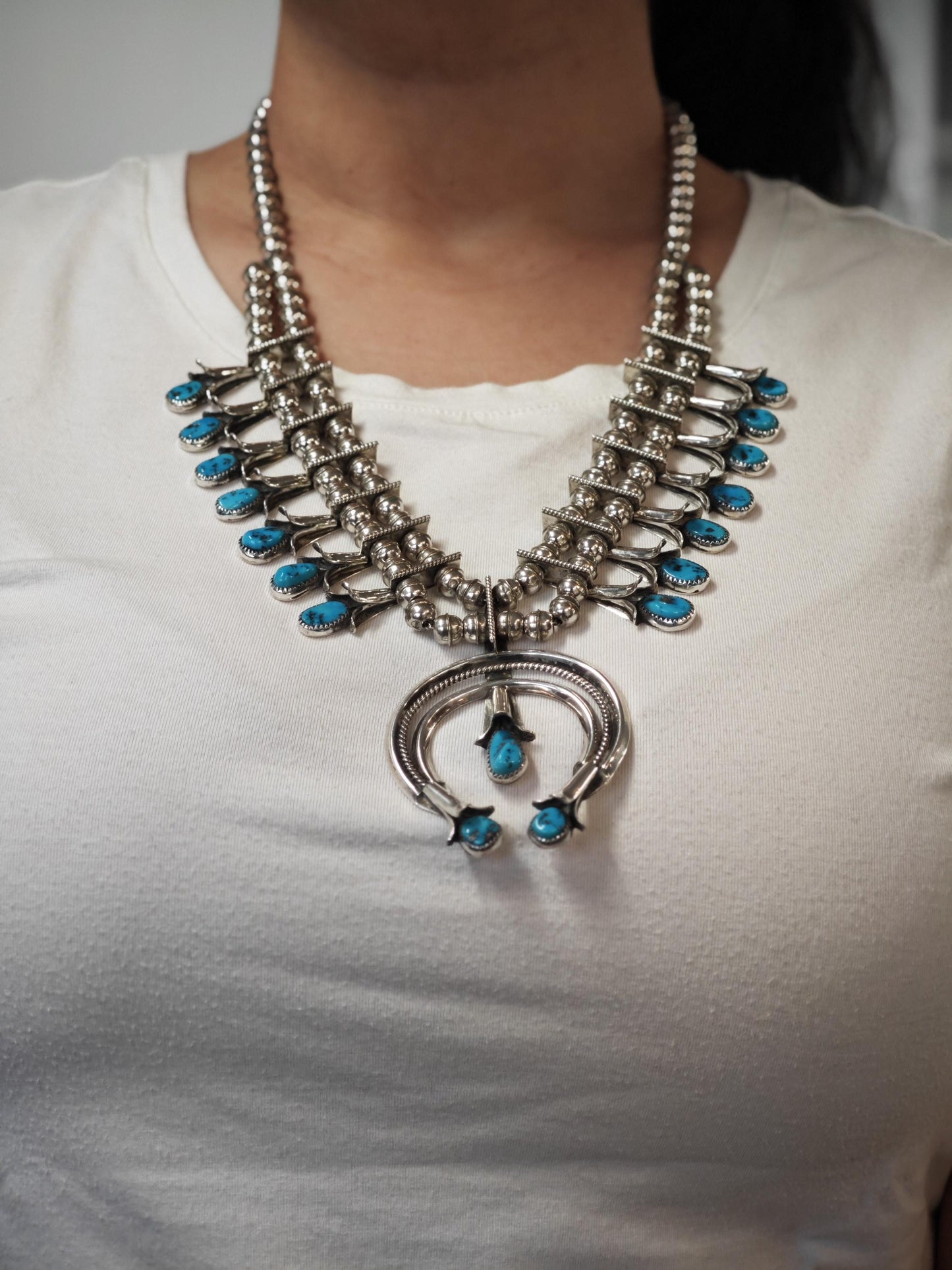Navajo, Native American Turquoise Squash Blossom Necklace Sterling Silver