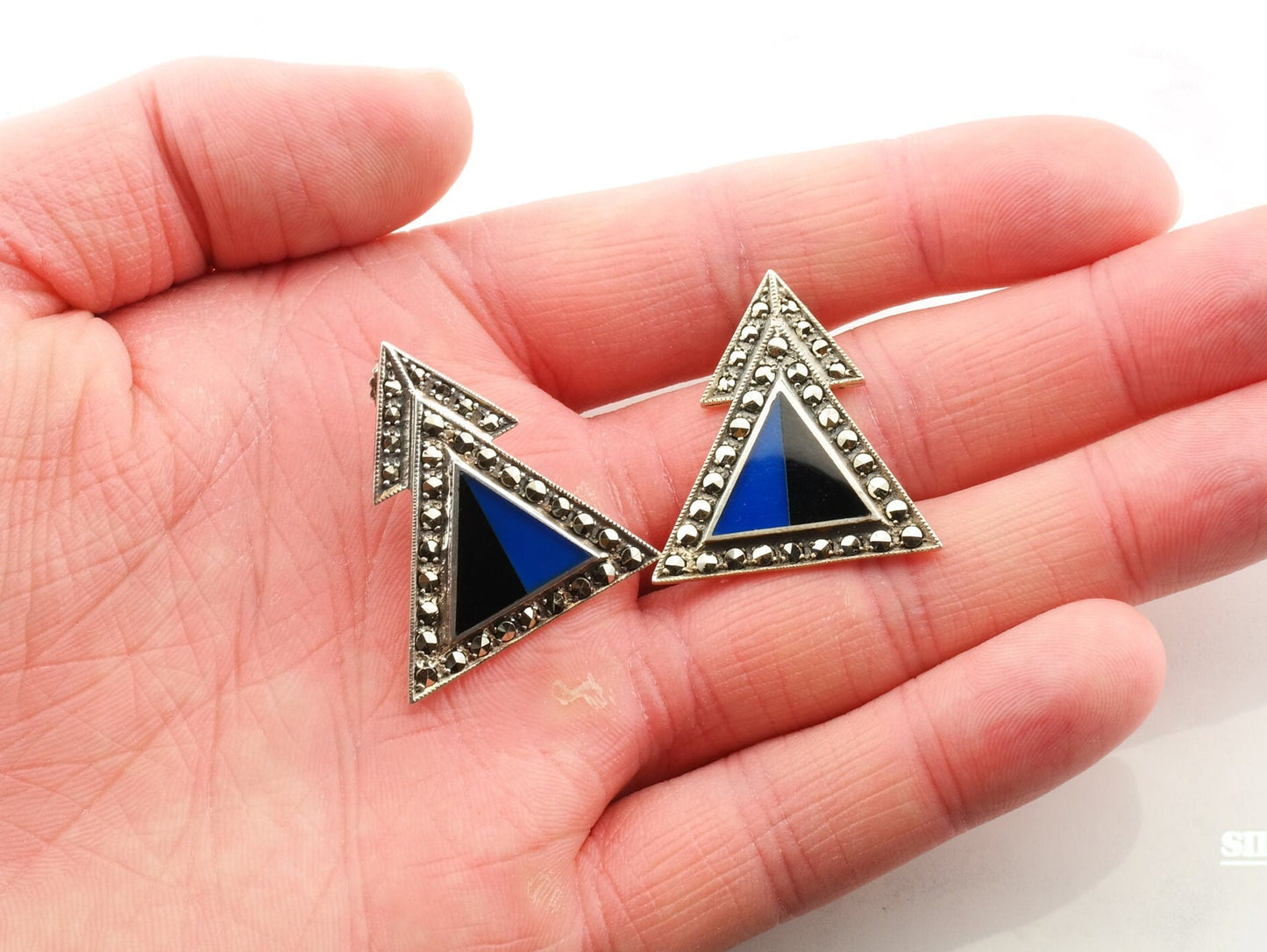 Geometric Sterling Silver Blue Black Enamel Marcasite Earrings