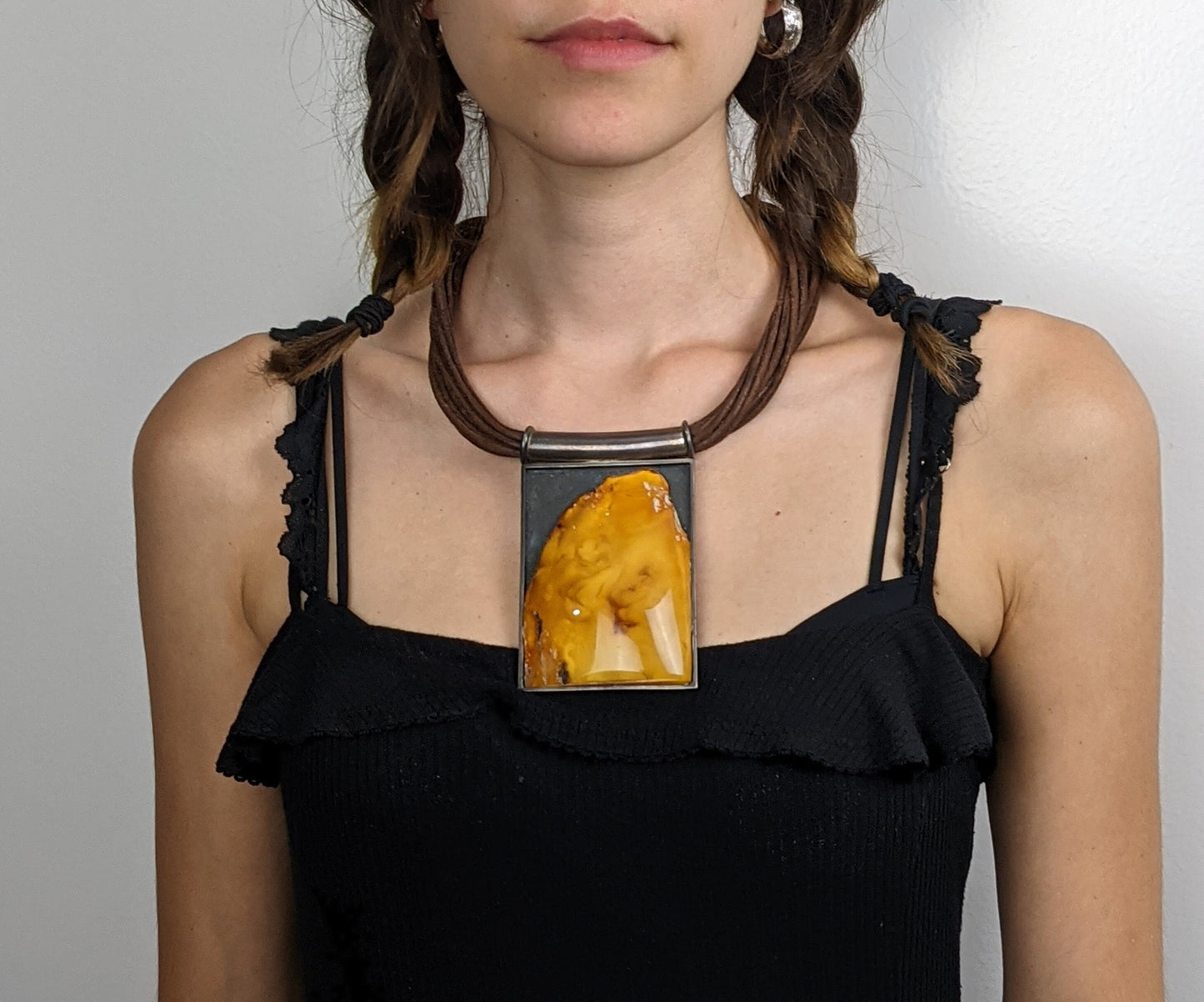 Modernist Amber, Leather and Sterling Silver Necklace