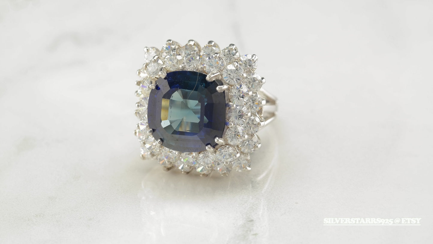 Vintage Cocktail Sterling Silver Ring Size 6.5 Blue Sapphire CZ