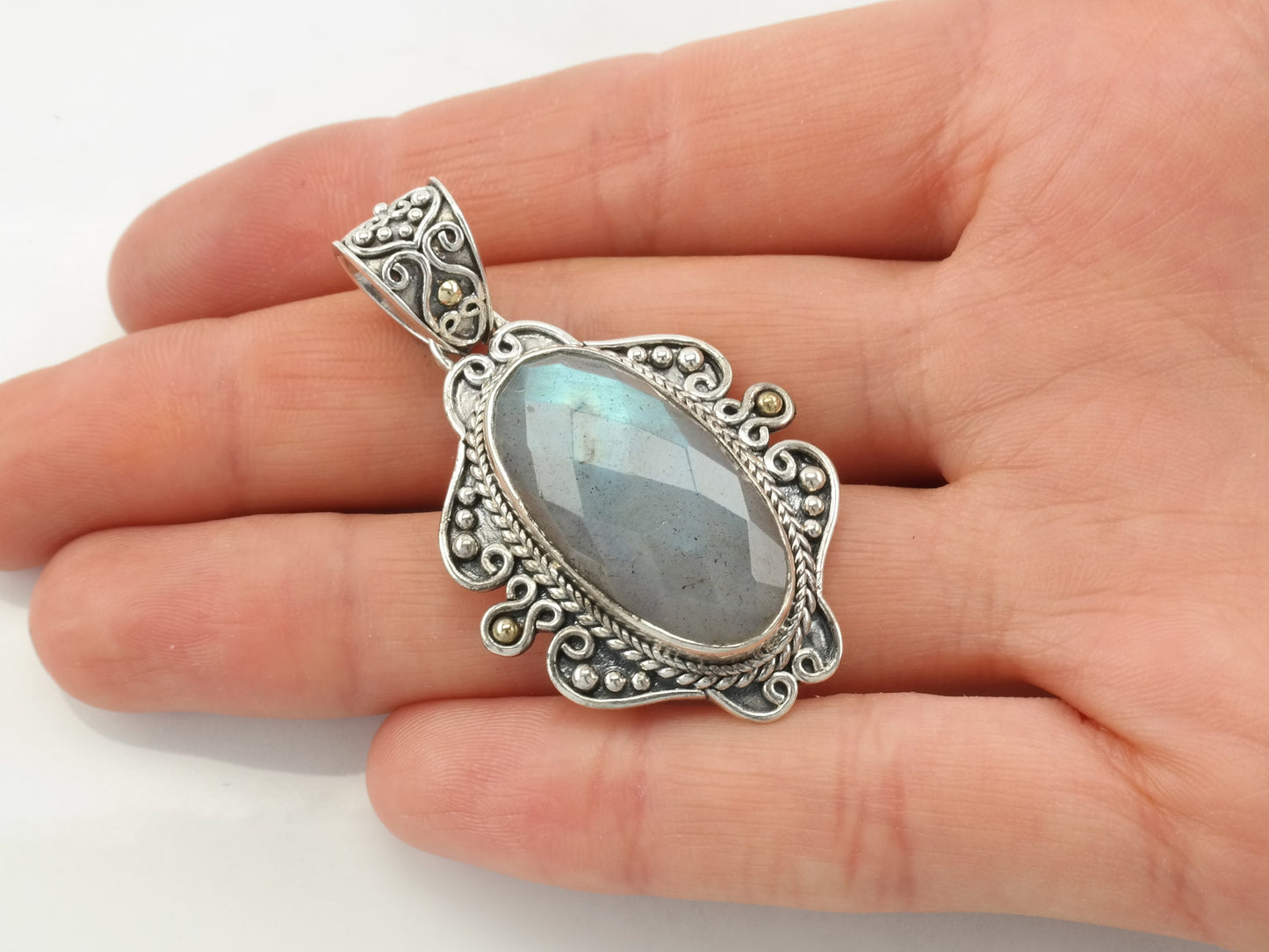Vintage Labradorite 18K Gold Accent Sterling Silver Pendant